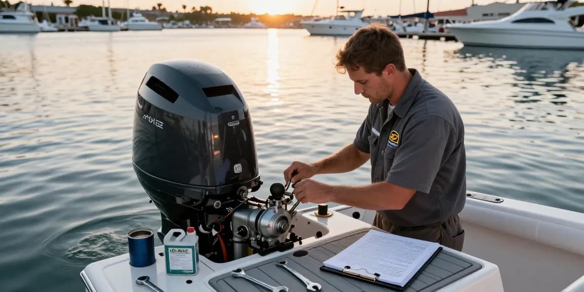 Expert mechanic inspecting a 2 stroke outboard motor on a fishing boat in a sunset marina.