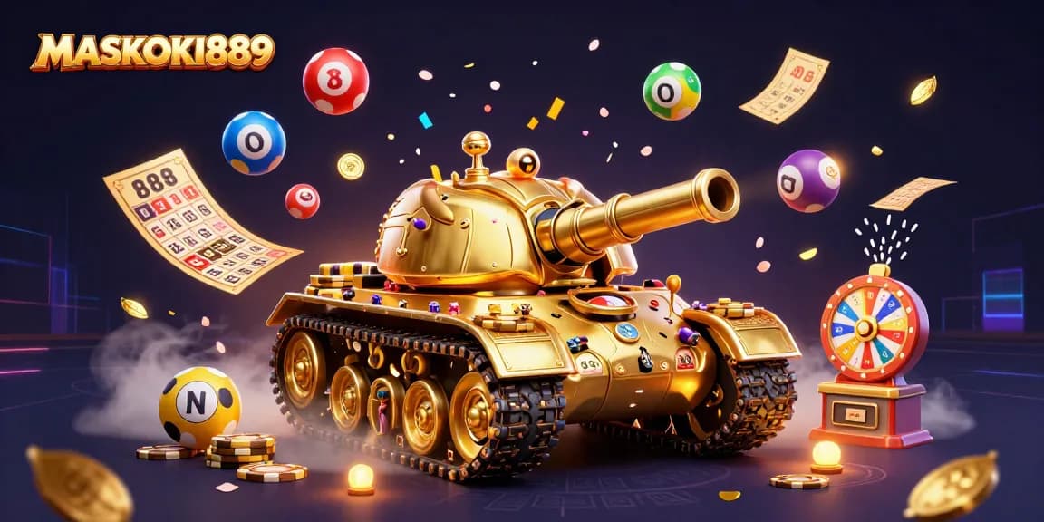 Engage with MASKOKI889's thrilling golden beetle tank casino scene featuring lottery balls and a vibrant prize wheel.