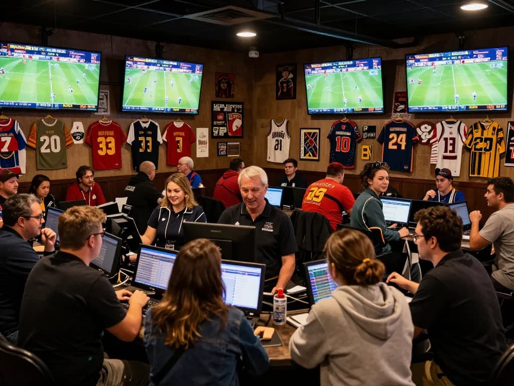 Engaged bettors analyzing odds at 11win sports betting venue, surrounded by screens and team memorabilia.