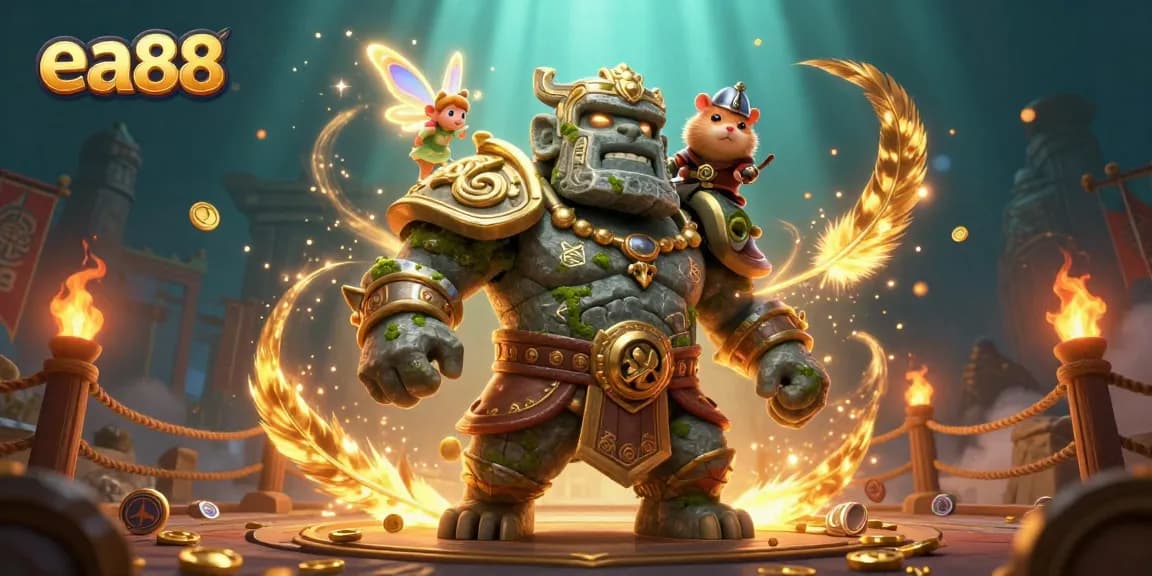 Join the adventure at ea88, featuring a magical scene with a golem guardian, fairy, and hamster knight amidst golden tokens.