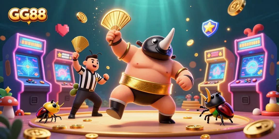 Experience thrilling gaming action with GG88's vibrant atmospheric 3D digital art featuring a sumo beetle champion and arcade elements.