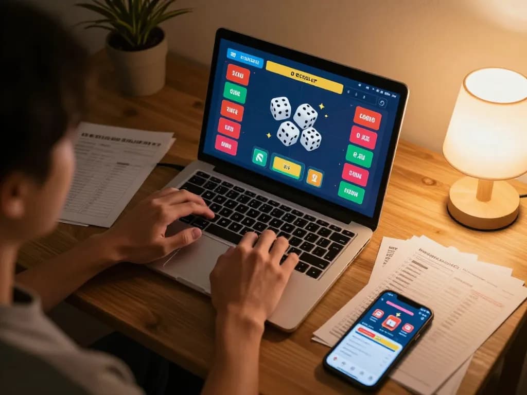 Tài xỉu online gameplay scene with dice rolling on a laptop screen in a cozy home setting