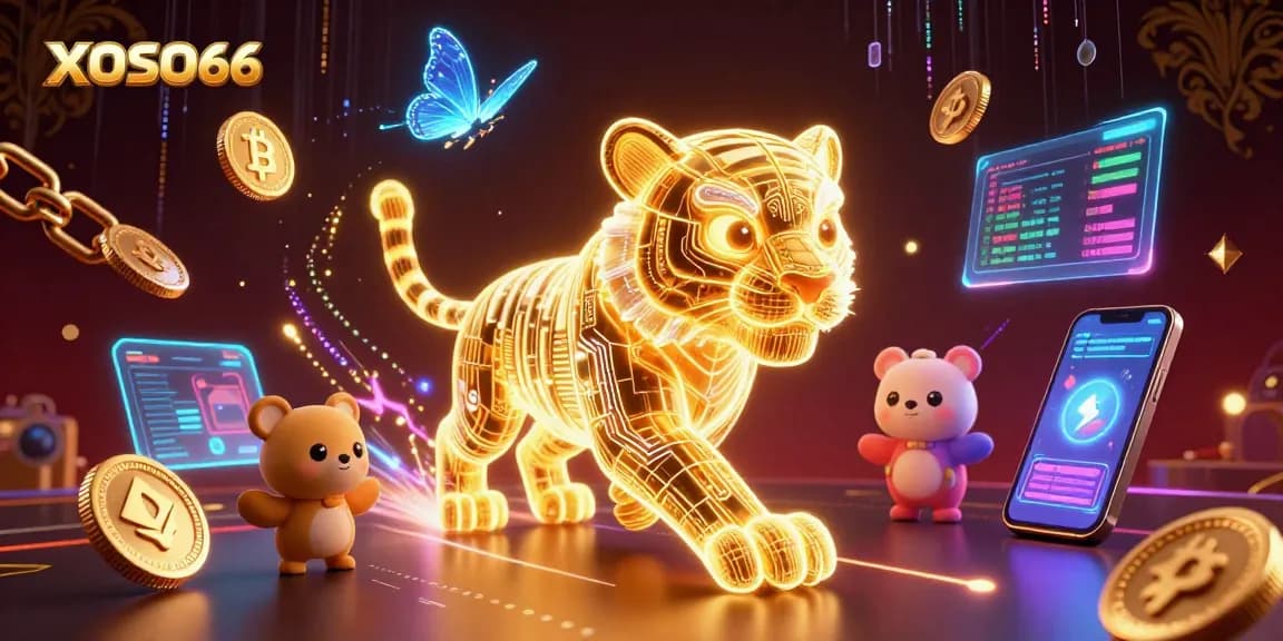 XOSO66 brings excitement to the digital casino experience with a glowing tiger in a vibrant 3D world.