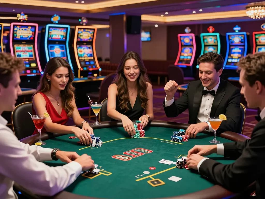 Friends enjoying MM88 poker night at a vibrant casino table with cocktails and chips.