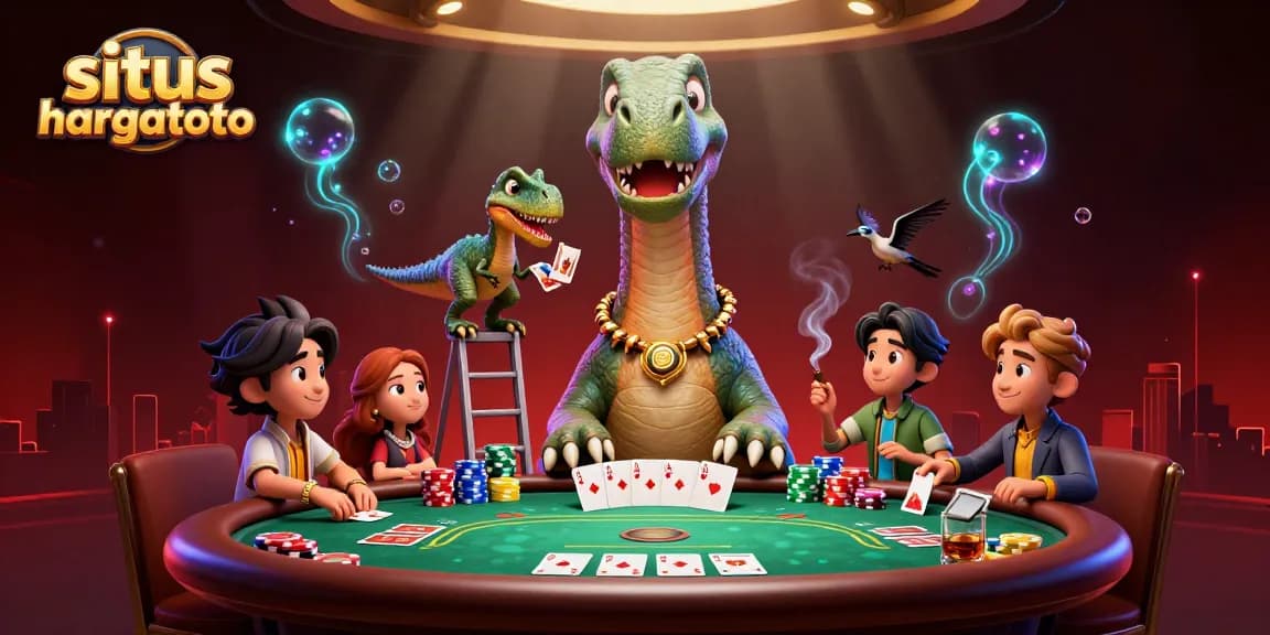 Engage in exhilarating gameplay at situs hargatoto with a dynamic 3D casino scene featuring a towering brontosaurus.