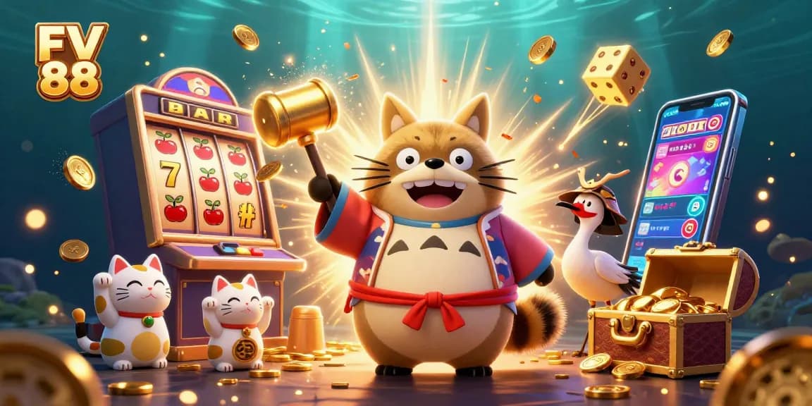 Experience the thrill of FV 88's vibrant casino scene with charming characters and dazzling jackpots.