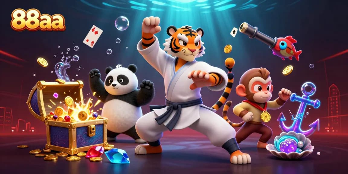 Experience winning in 88aa with a vibrant scene of a kung fu tiger and friends in a lively casino setting.