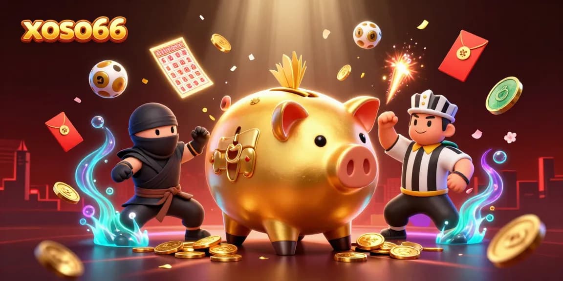 Experience thrilling lottery games with xoso66's vibrant and dynamic casino scene featuring sumo wrestler piggy bank.