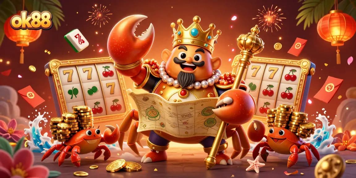 Experience the vibrant world of ok88 with a golden crab emperor amidst casino elements, slot reels, and festive decorations.
