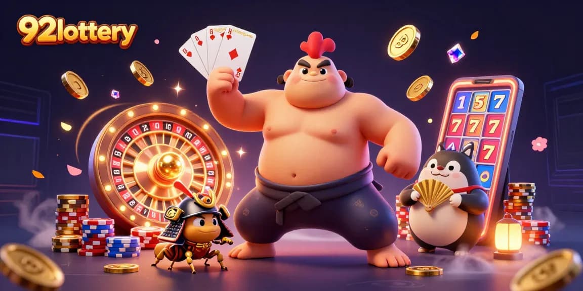 92lottery promotions with characters amid cascading coins and colorful casino items