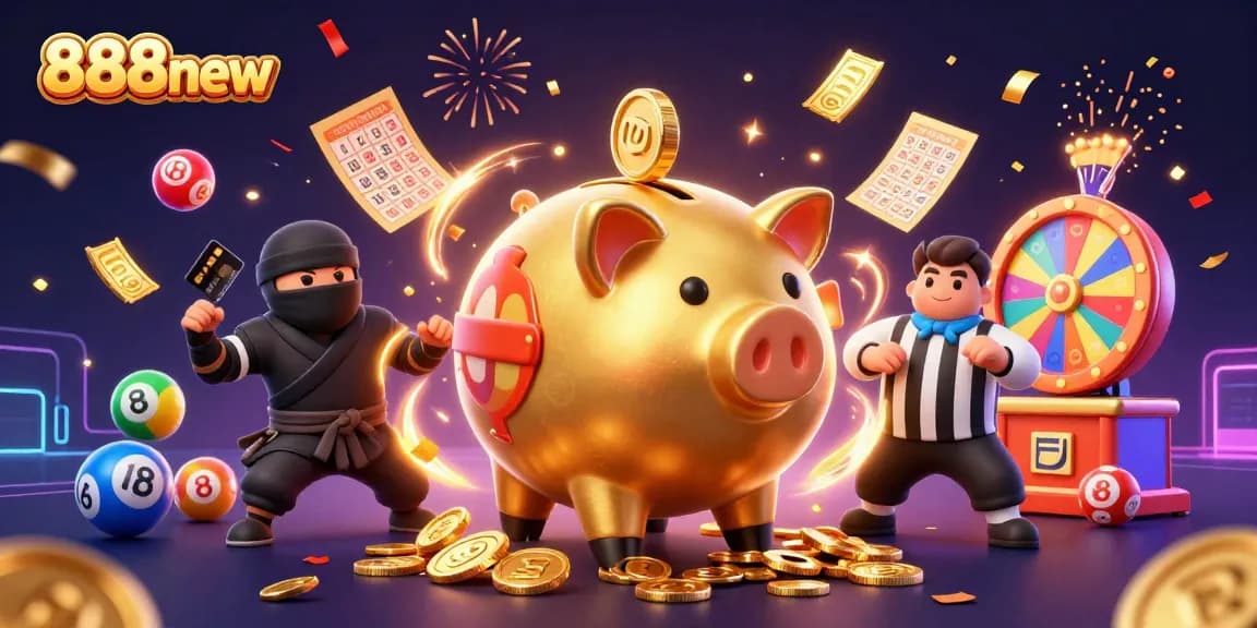 Spin and win with 888new's vibrant 3D gaming scene featuring dynamic characters and festive elements.