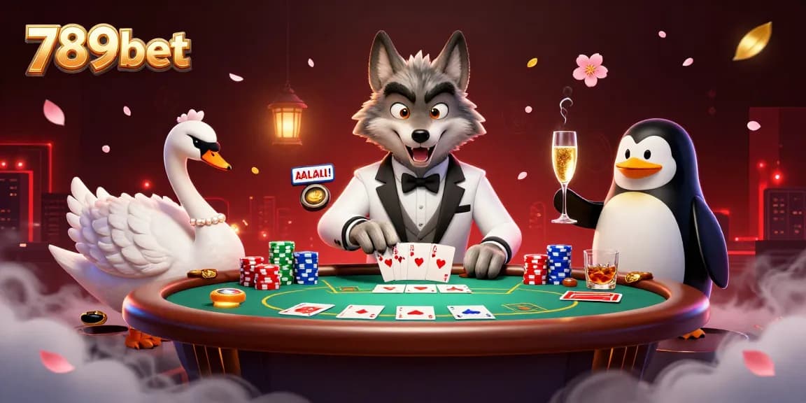 Experience the thrill of 789bet with a wolf, swan, and penguin at a vibrant baccarat table.