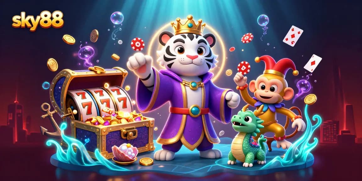 Experience sky88's vibrant casino adventure with a lively illustration featuring a royal tiger, jester monkey, and jade dragon.