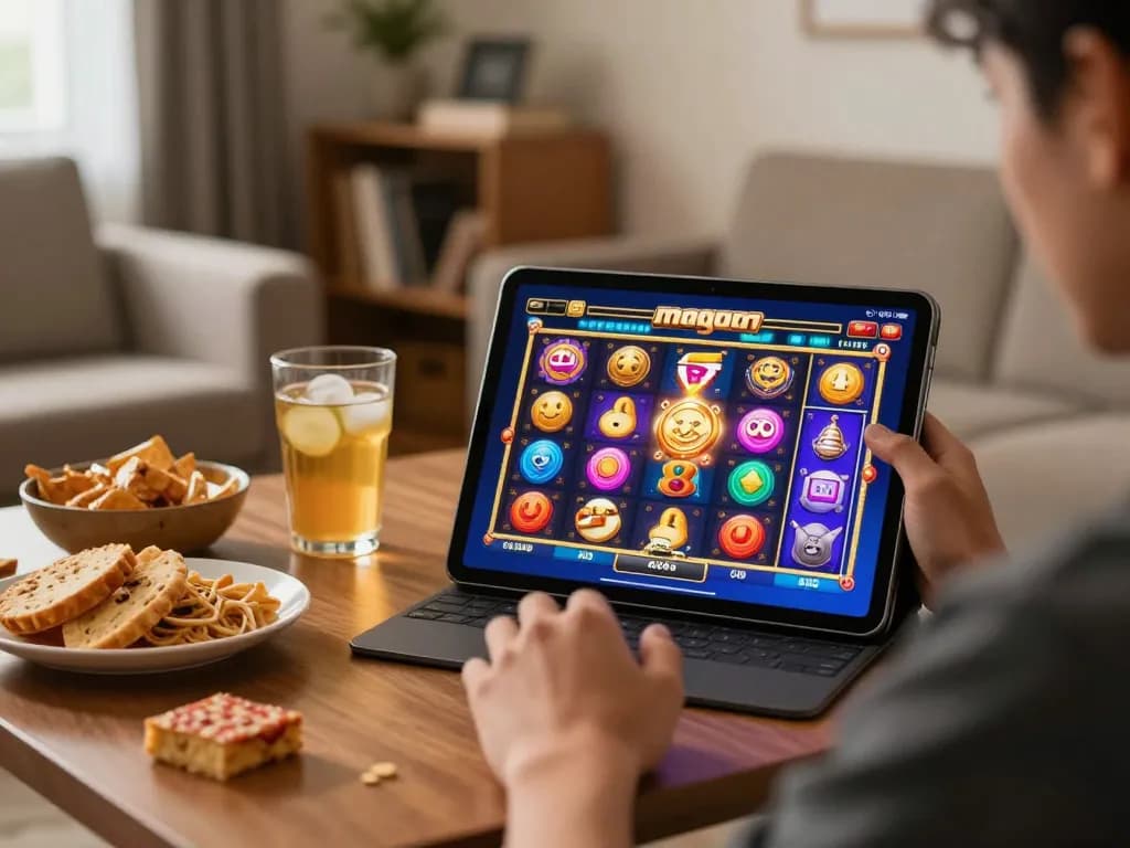 Rasakan permainan slot gacor di rumah dengan seorang pemain yang menikmati permainan slot online di tablet.