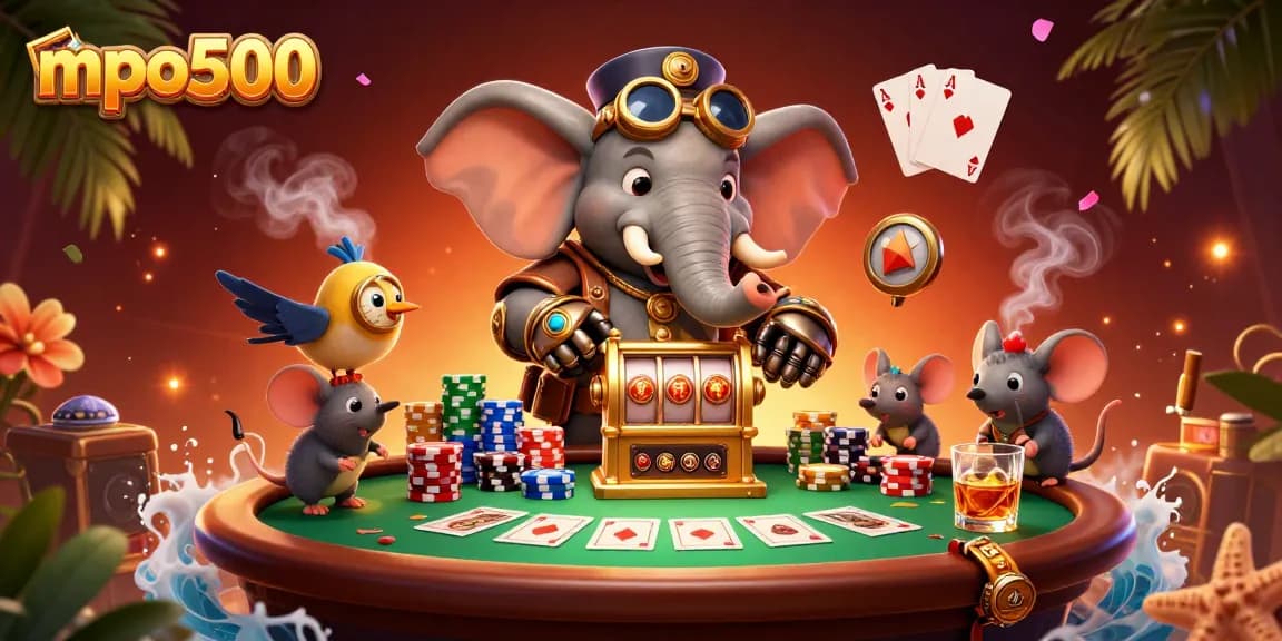 Engage with mpo500's dynamic gaming experience featuring steampunk characters and vibrant casino elements.