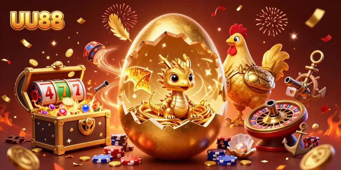 Engage in thrilling gameplay at UU88 with a giant golden dragon and vibrant gaming elements illustrated together.