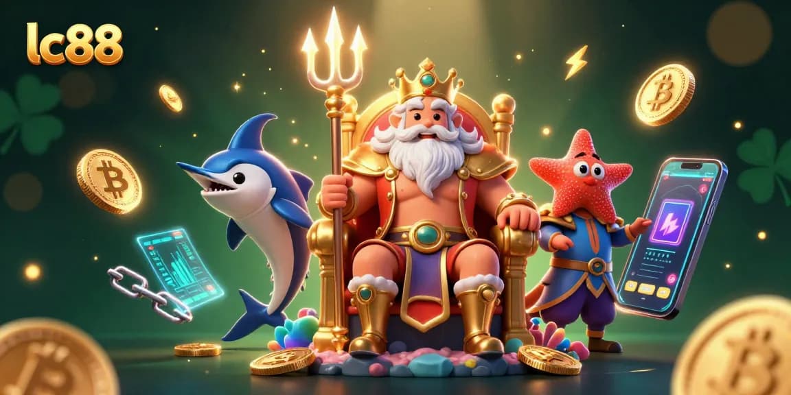 Engage with lc88's thrilling gaming experience featuring Neptune surrounded by cryptocurrency elements.