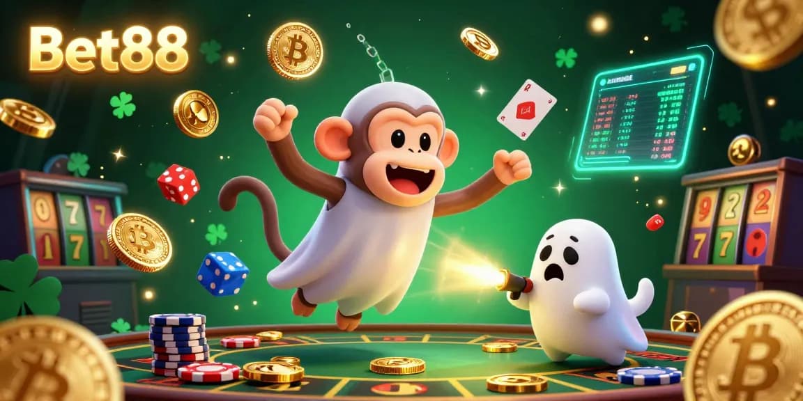 Experience thrilling gameplay at Bet88 in a vibrant casino scene with a ghostly monkey and curious puppy.