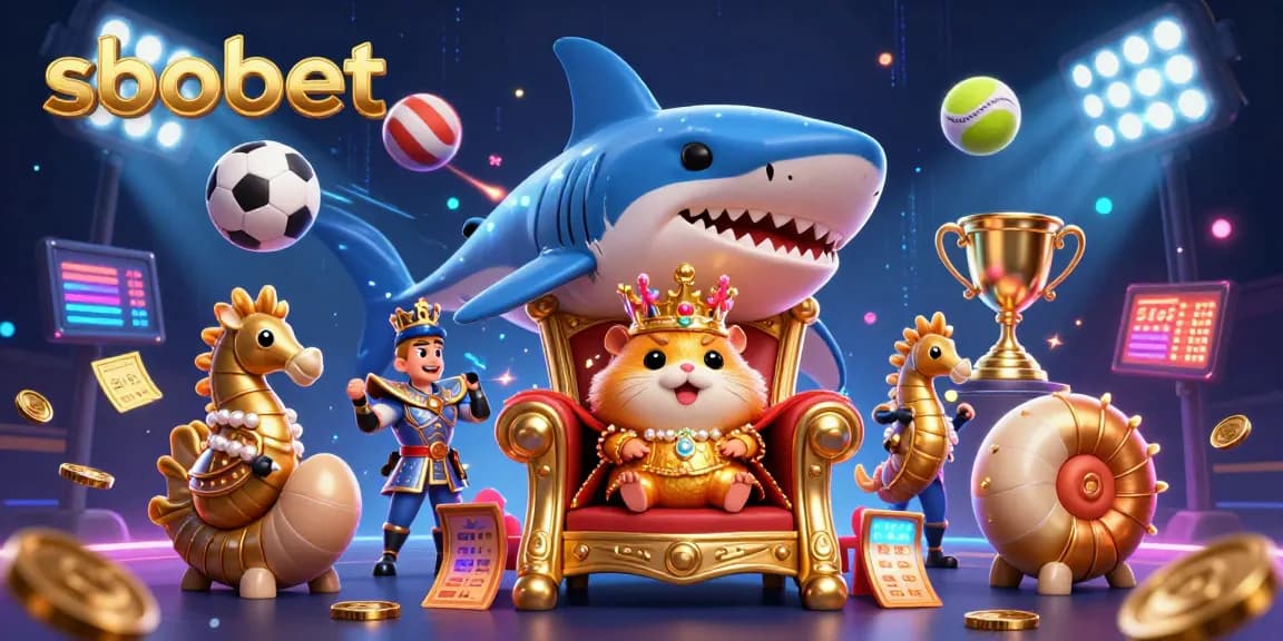 Sbobet sports betting scene featuring a golden hamster king and dynamic sports elements for gamers