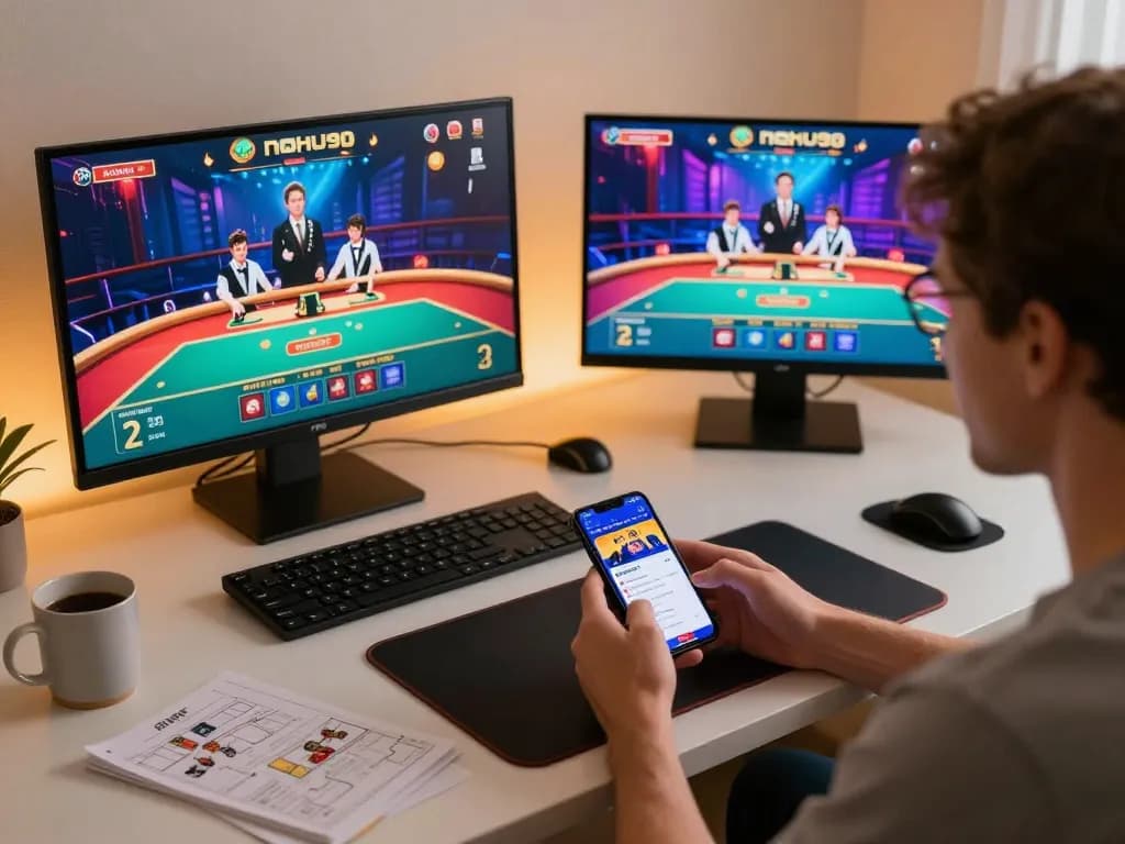 Nohu90 user enjoying a live dealer game on a smartphone in a cozy home office setting