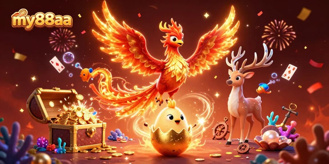 Experience thrilling gameplay with my88aa, featuring a vibrant 3D casino illustration of a phoenix and treasures.