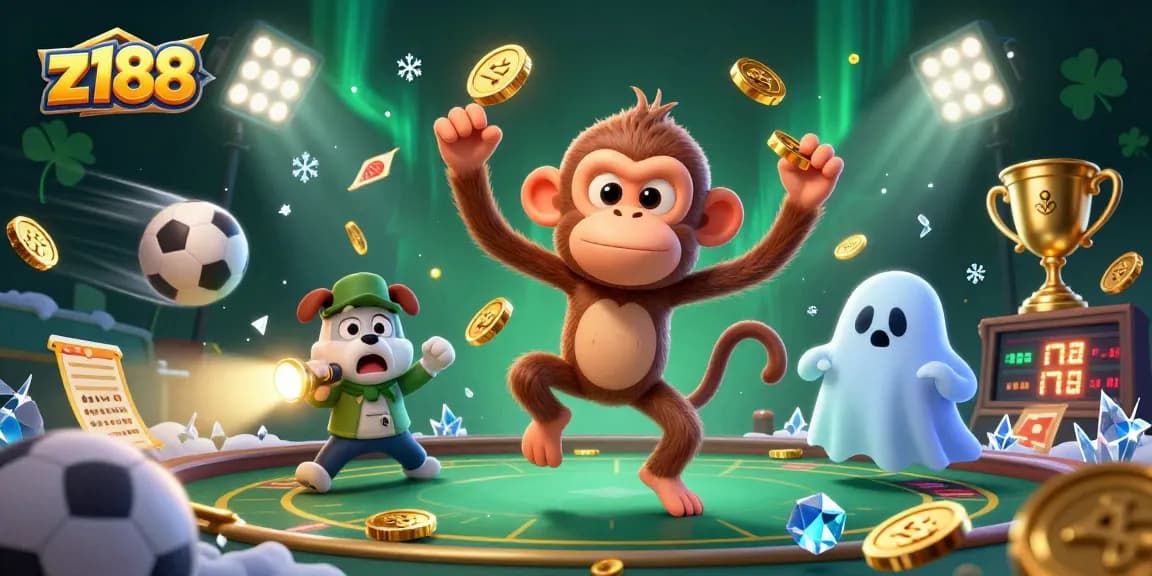 Experience z188's thrilling casino adventures with a playful ghost monkey and curious puppy lighting up the gaming scene.