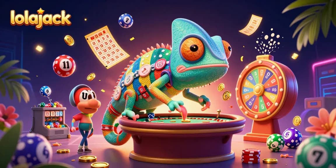 Lolajack gaming scene featuring a colorful chameleon casino owner, dynamic lottery elements, and buzz of excitement.