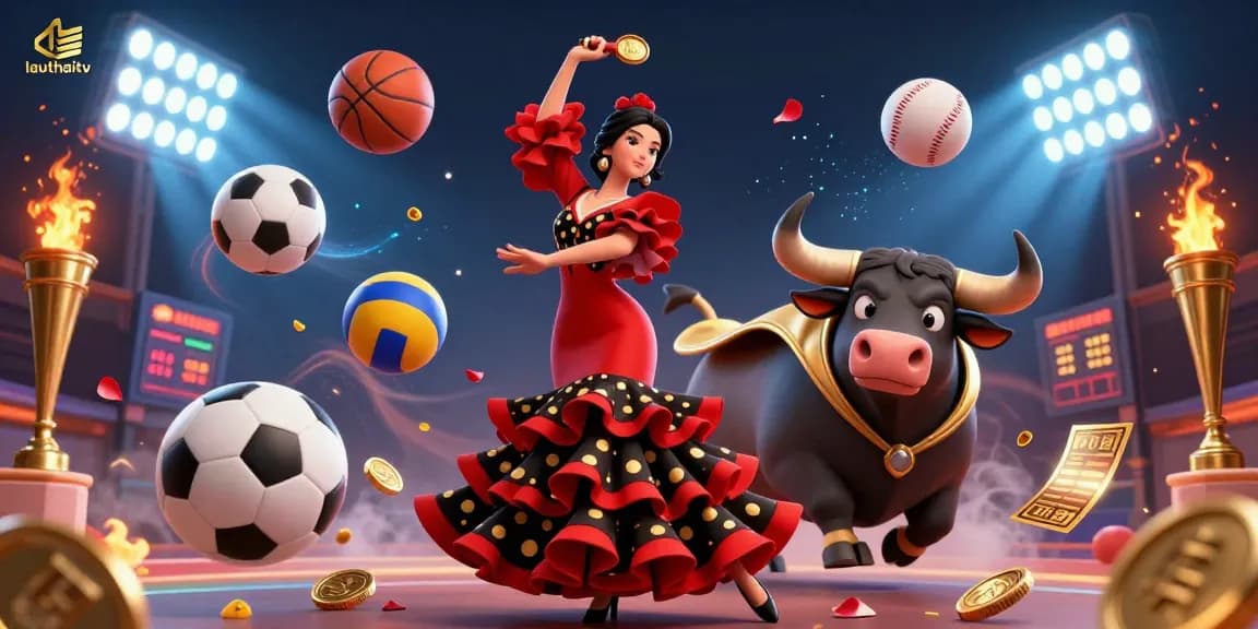 Experience live sports action with lauthaitv featuring a vibrant scene of an animated bull with sports elements.