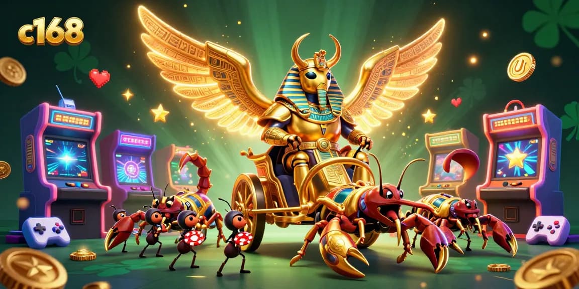 Engage in thrilling gameplay with c168 as a colossal scarab beetle leads the fun in a vibrant casino scene.