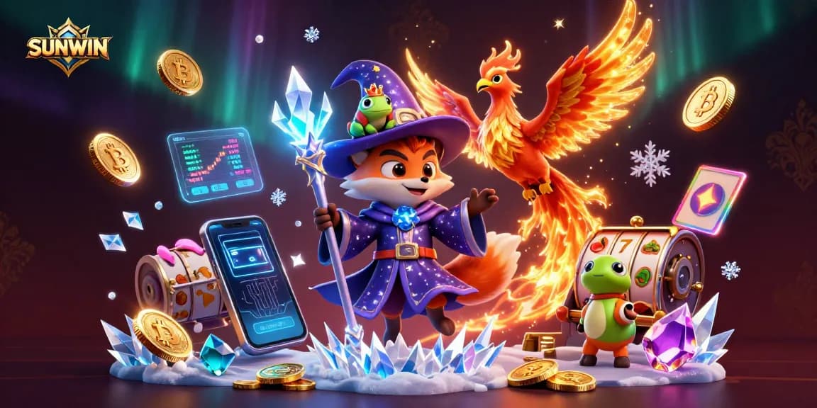 Engage with SUNWIN in a vibrant 3D casino world featuring a wizard fox and a phoenix.