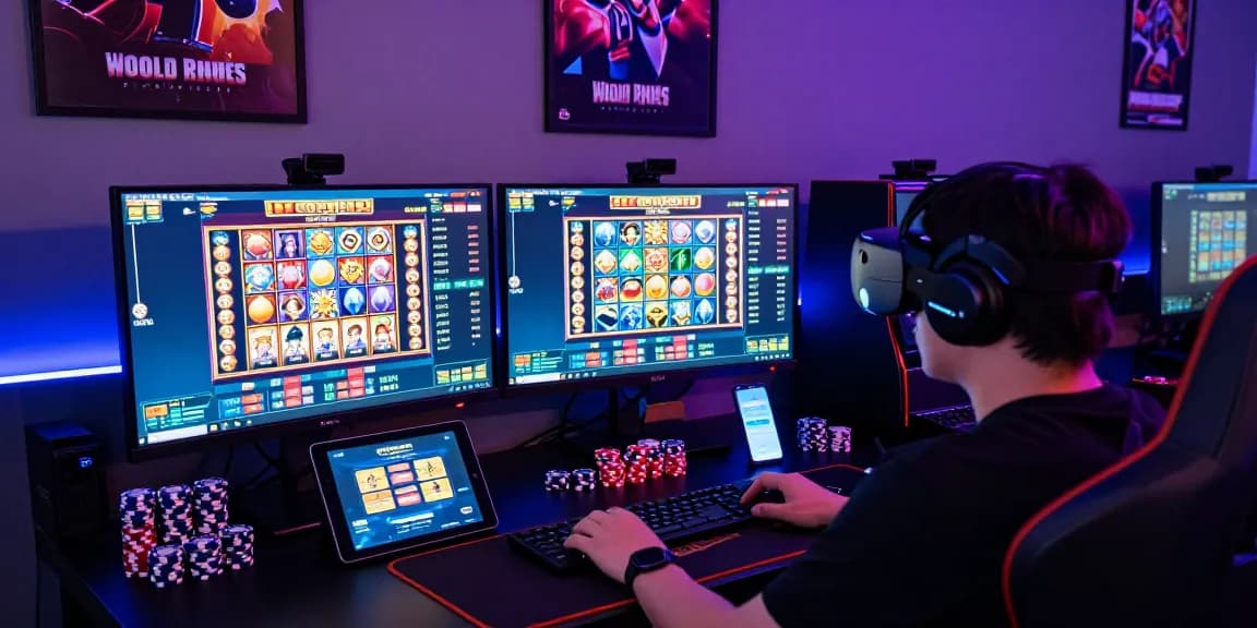 Engaging scene of slot gacor gaming setup with vibrant graphics and lively atmosphere