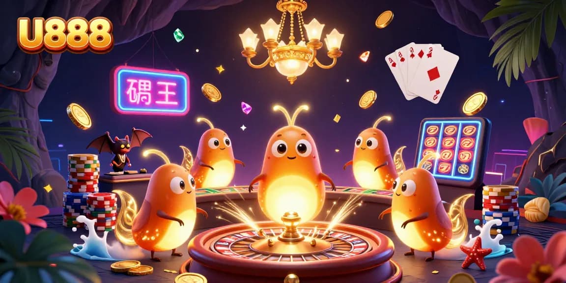 Experience thrilling gameplay at U888 with a vibrant illustration of a cave casino lit by glowworms.