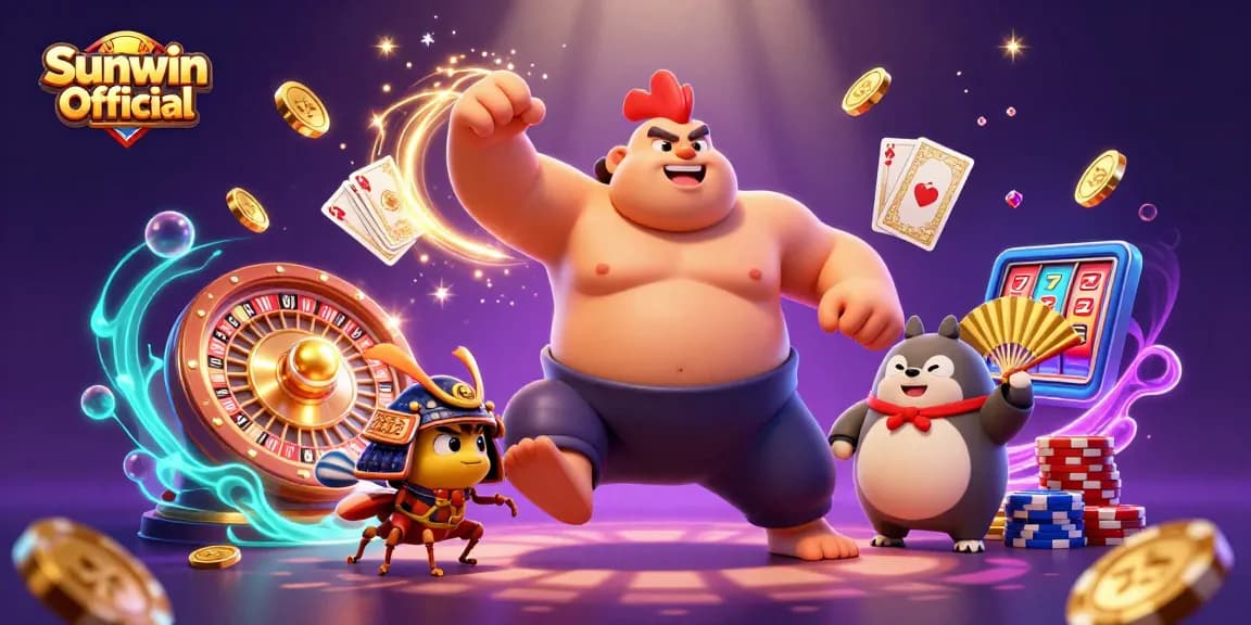 Engage thrillingly with Sunwin Official at an exciting casino scene featuring lively characters and dynamic gaming elements.
