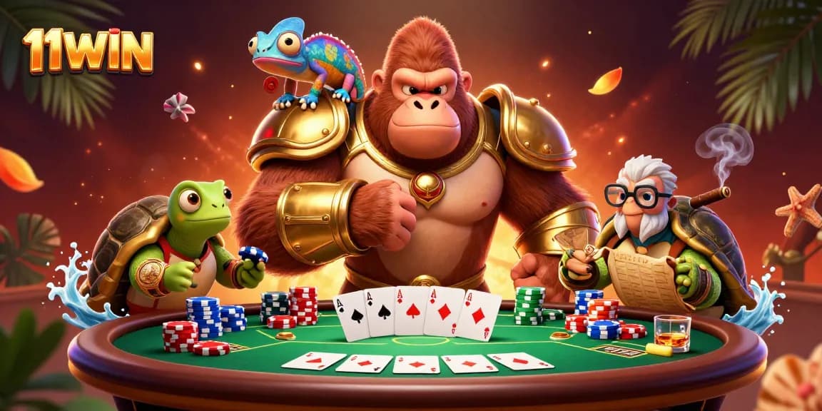 Experience thrilling gameplay with 11WIN as a powerful gorilla king and colorful chameleon rule the casino.