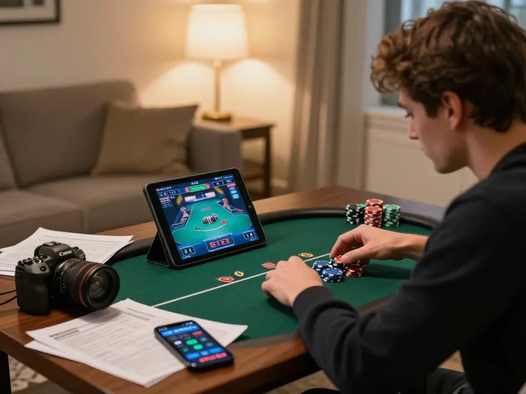 Engaged player at 789bet immersing in online poker with strategic notes and tablet setup