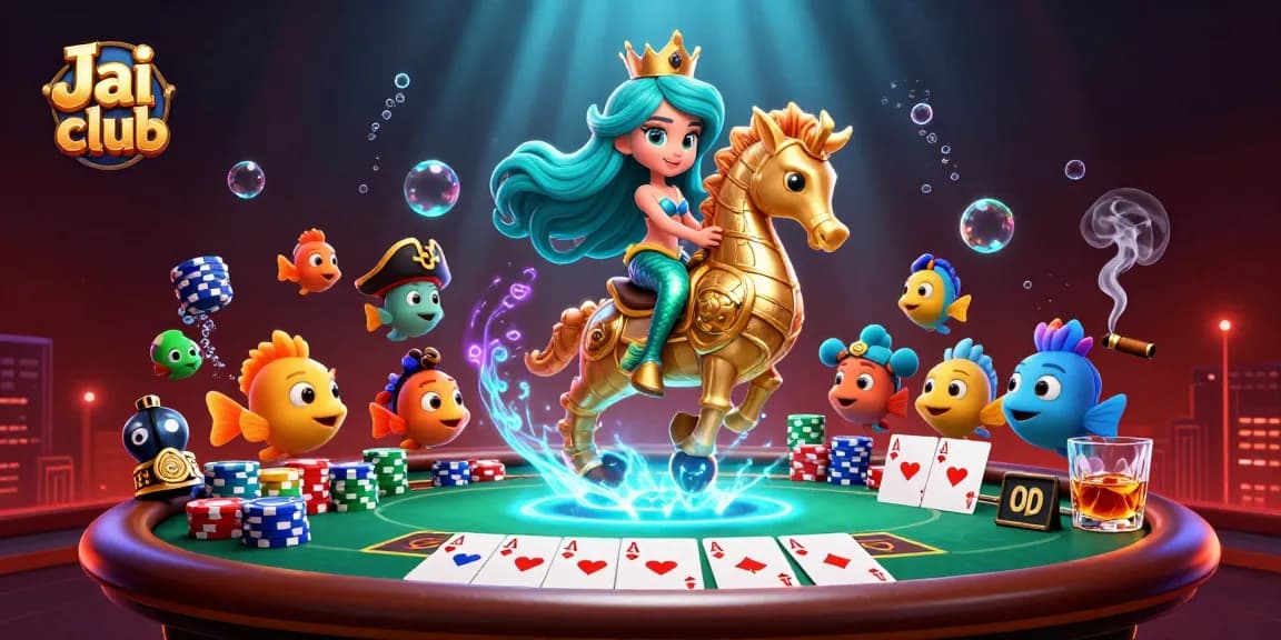 Engage with Jai club's thrilling poker scene featuring a mermaid and giant seahorse.
