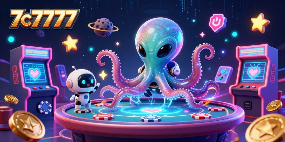 Engage in vibrant gambling excitement with 7c7777's cosmic poker scene featuring aliens and robots.