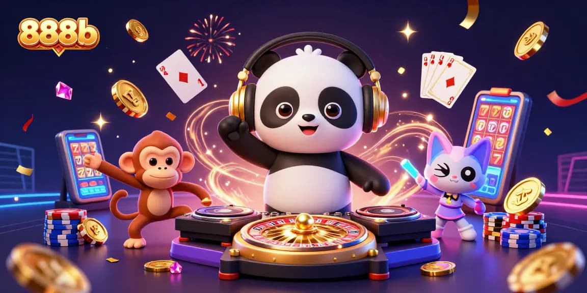 Experience high-energy gameplay at 888b with a DJ panda, dancing monkey, and glow-stick kitten.