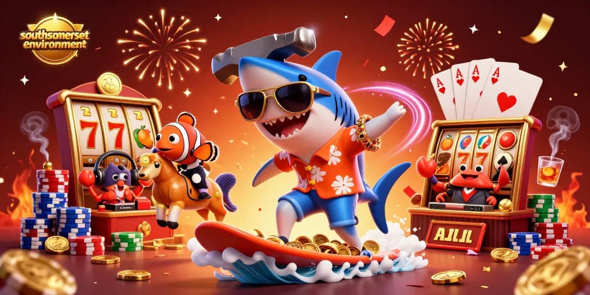 Engage with southsomersetenvironment's fun 3D casino scene featuring a surfing shark and lively casino elements.