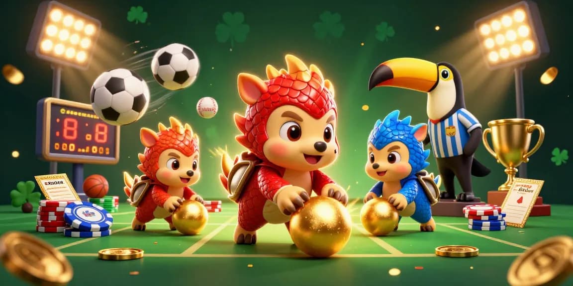Experience sbobet sports betting excitement with dynamic pangolins, chips, and trophies in a gold-themed scene.