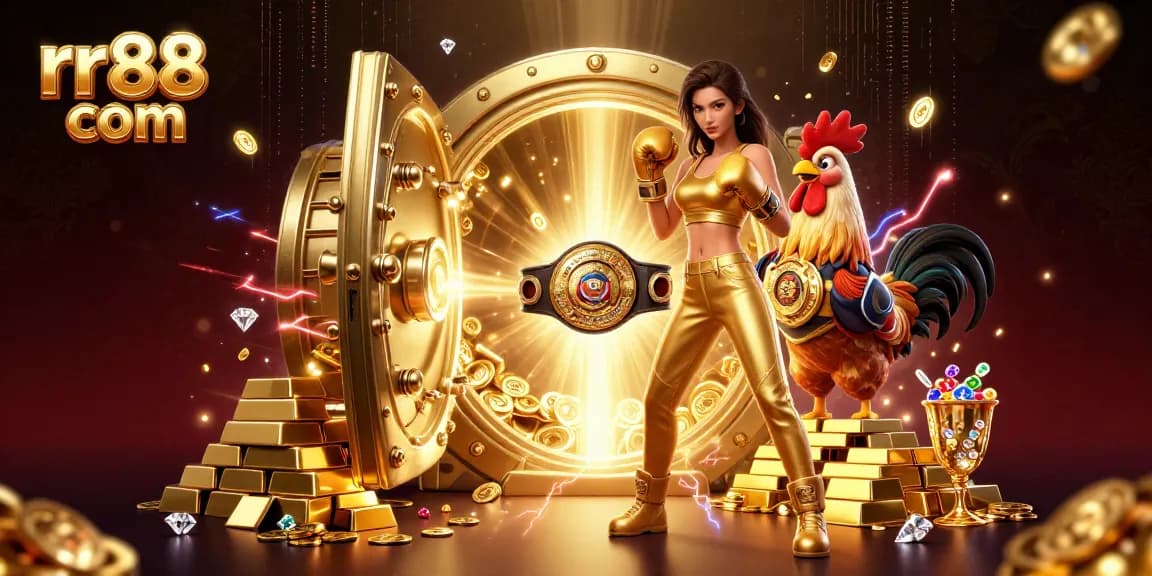 Engage with thrilling games at rr88 com, showcasing a powerful female champion and a boxing rooster amidst dazzling treasures.