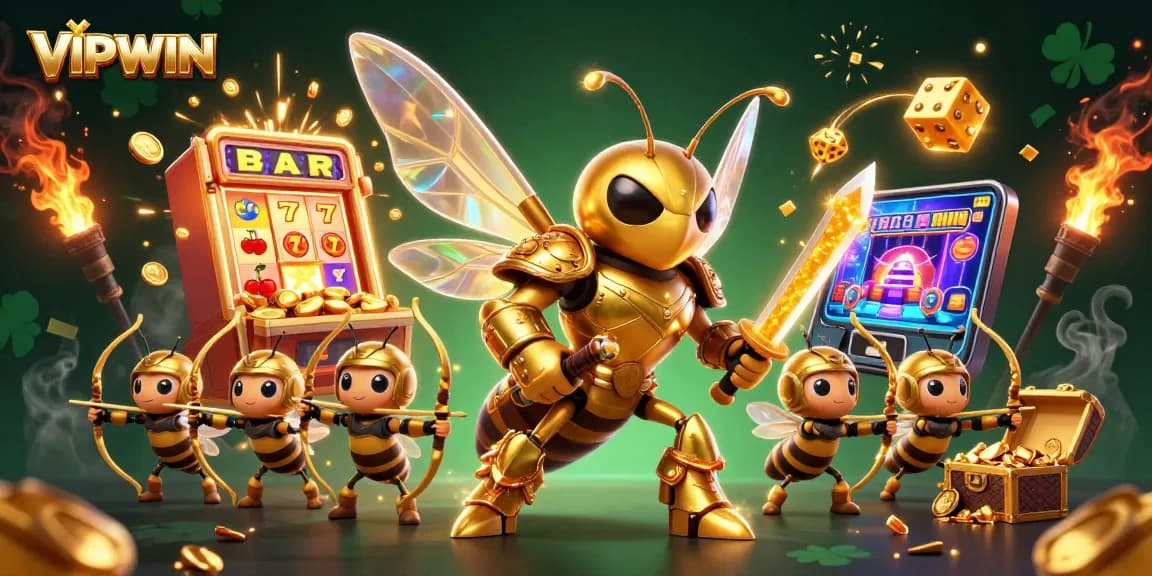 Win big with VIPWIN: a vibrant illustration of a golden hornet samurai and casino elements