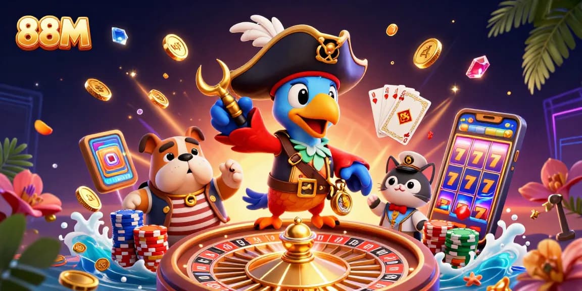 Spins and wins with 88M as cartoon pirates scatter coins and gems in a vibrant casino