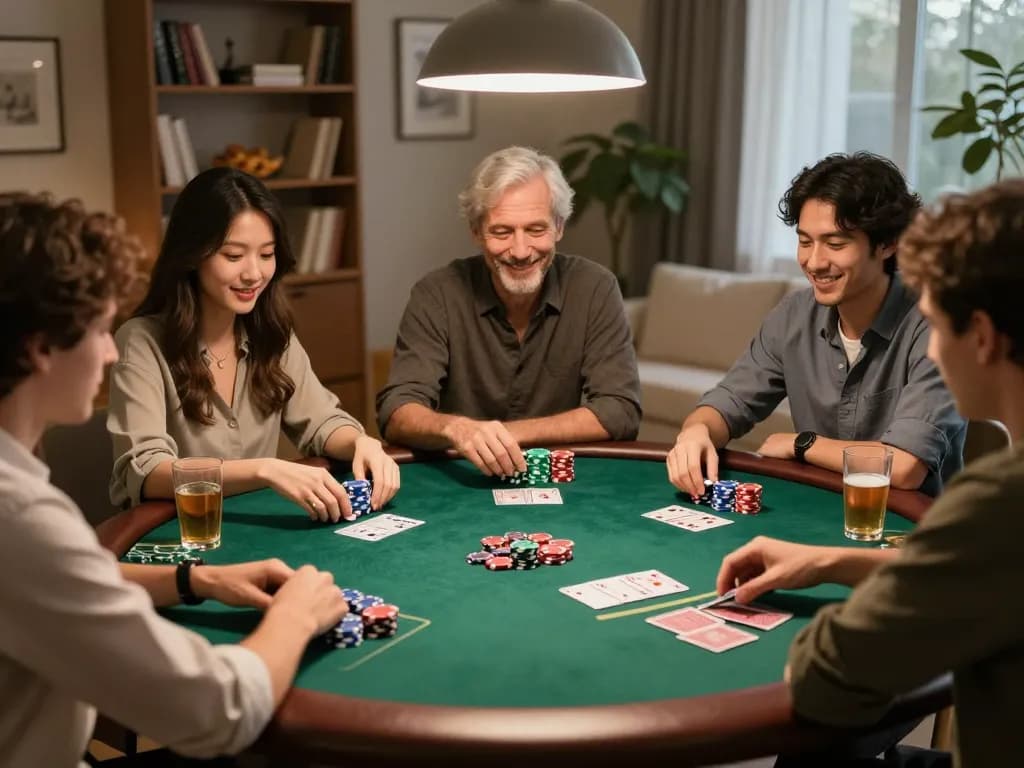 Friends enjoying poker night with vibrant chips and cards, 88vv gaming atmosphere.