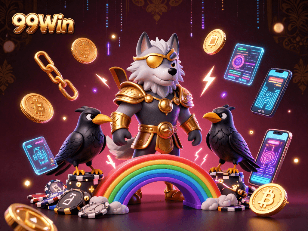 Experience thrilling moments with 99Win, featuring an epic Norse wolf and crypto elements in a vibrant casino setting.