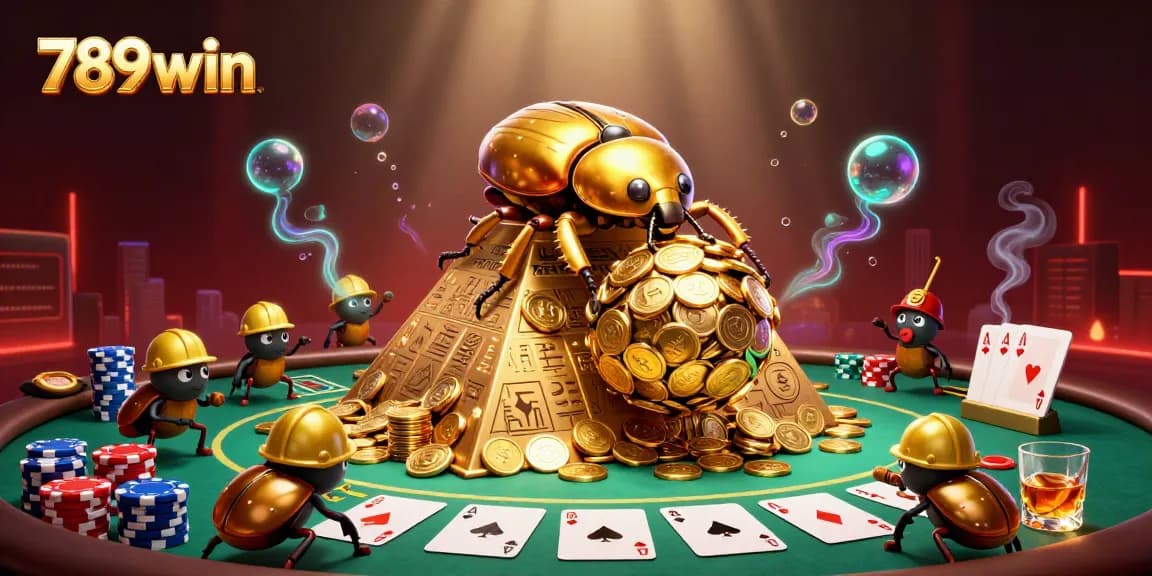 Experience thrilling gameplay with 789win as golden beetles roll coins amidst vibrant casino elements.