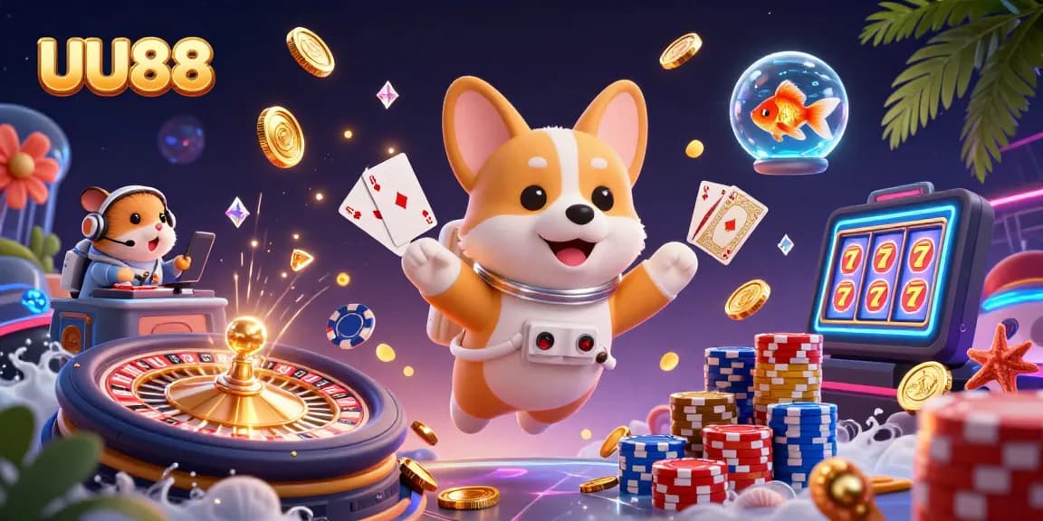 The UU88 space casino scene features a floating corgi, while poker chips and sparkling gems fill the air.