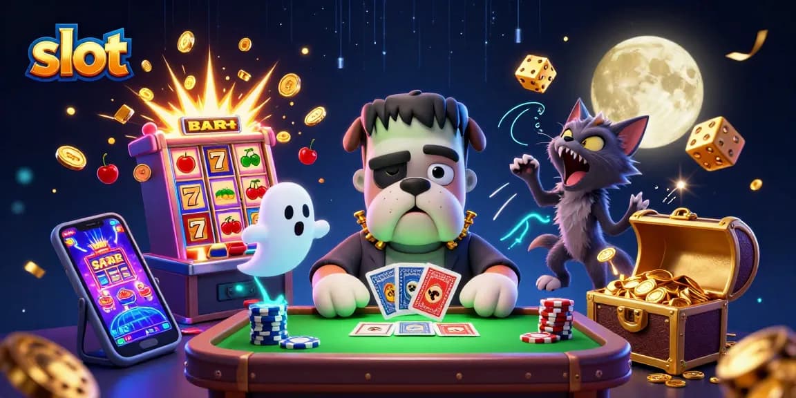 Spin the slot with a 3D Frankenstein bulldog monster at a casino table amidst vibrant colors.