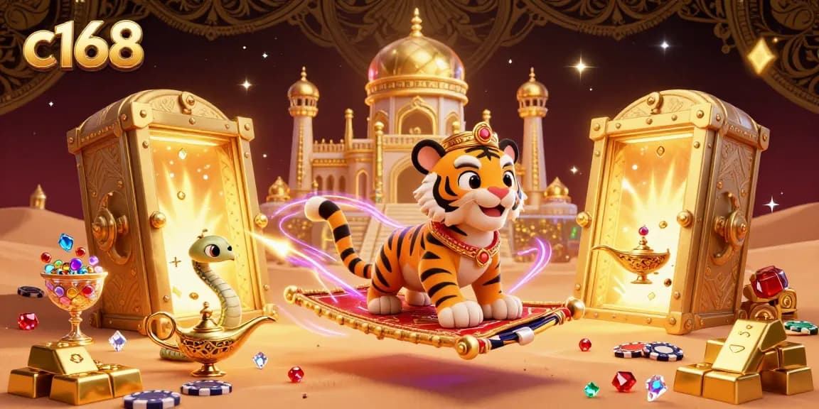 Experience excitement at c168 with a vibrant casino scene featuring an Arabian Nights-themed sultan and treasure highlights.