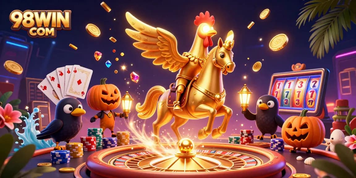 Win big at 98WIN COM with a lively golden rooster and gaming excitement in a casino scene.